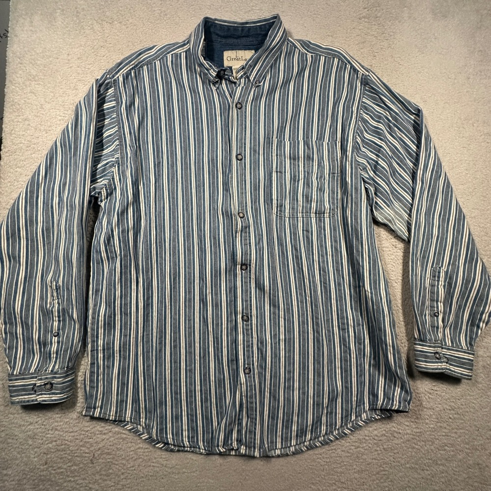 Vintage 90s GreatLand Denim Button Down XL Stripe Long Sleeve Workwear Shirt